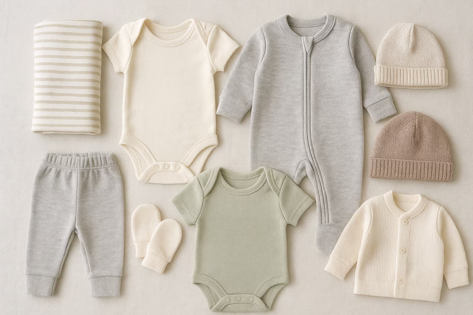 Sélection de vêtements bébé montrant textures, pressions et caractéristiques pratiques pour choisir