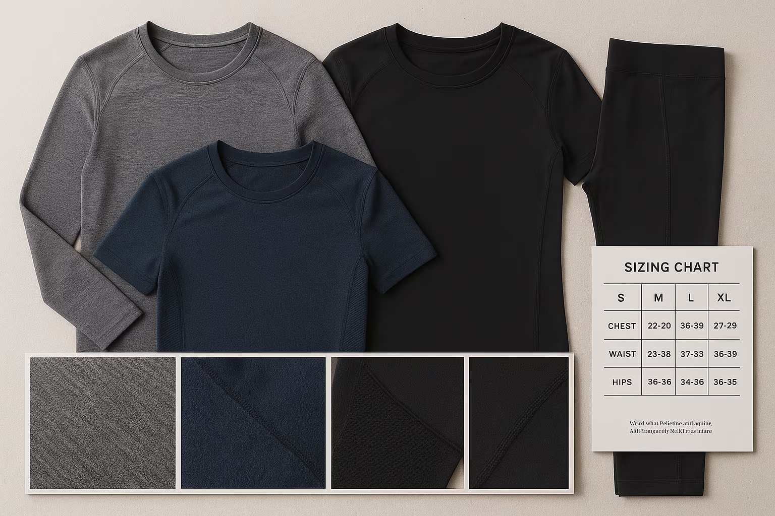 Sous-couches et vêtements de compression étalés, gros plan sur tissus respirants, coutures et étiquettes de taille