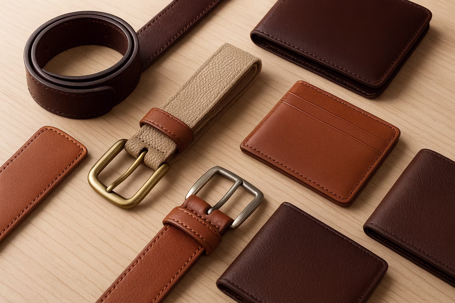 Sélection de ceintures et portefeuilles sur fond bois montrant cuir, boucles et coutures
