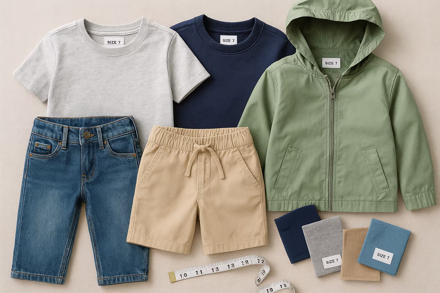 Présentation de vêtements pour garçon disposés pour comparaison avec échantillons de tissu et mètre ruban