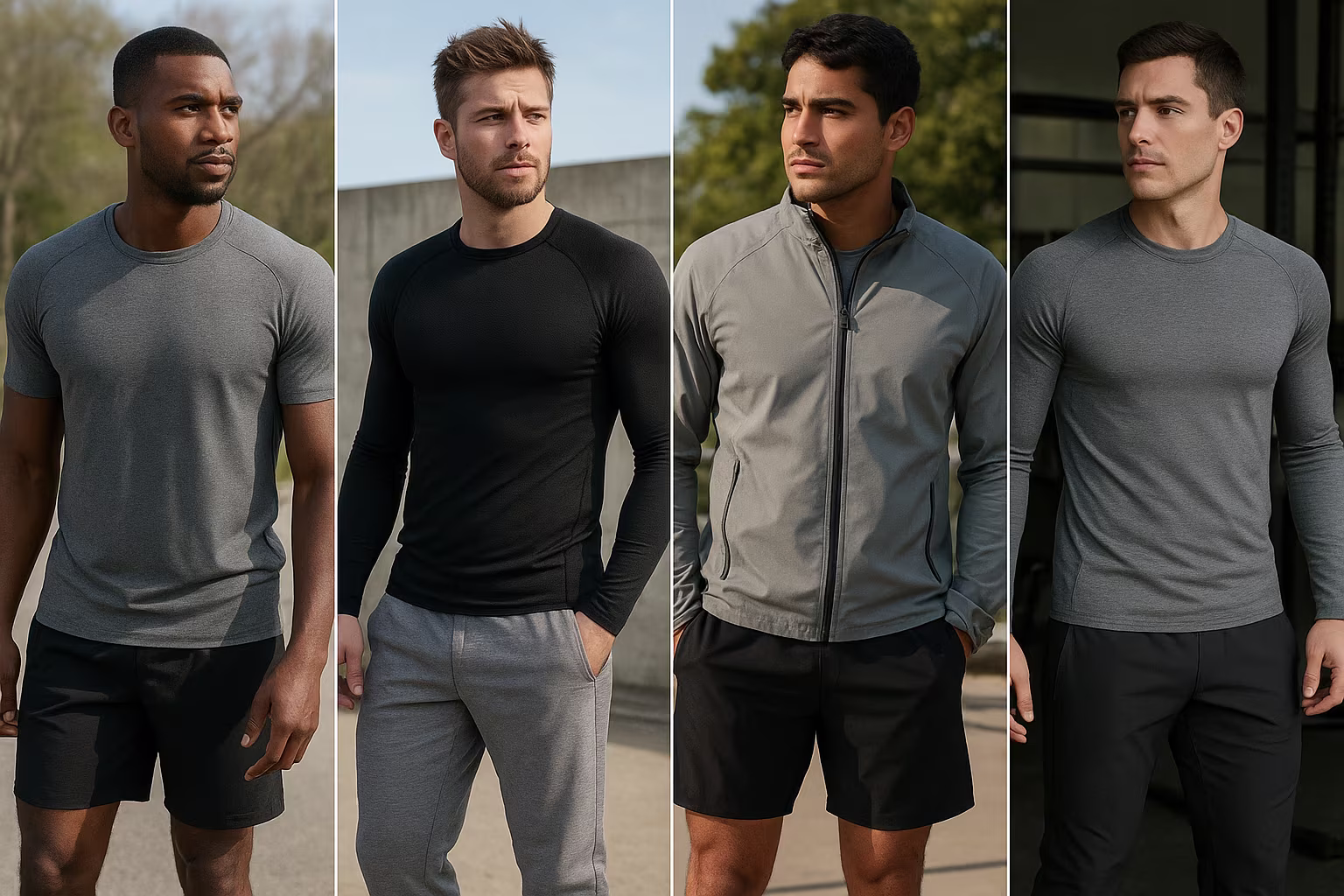 Hommes portant différents vêtements de sport mettant en valeur la coupe, les tissus techniques et les détails pratiques