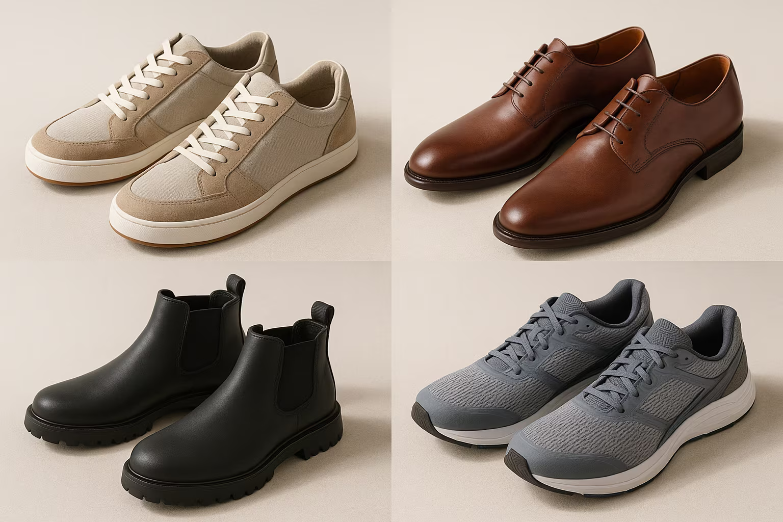 Sélection variée de chaussures pour homme montrant sneakers, chaussures habillées, bottes imperméables et semelles pour comparaison des matériaux