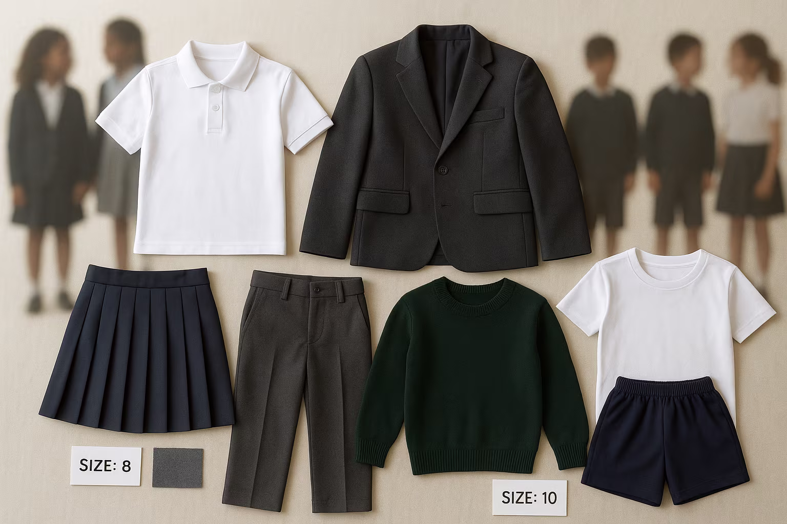 Collection d'uniformes scolaires: polos, jupes, pantalons, pulls et échantillons de tissu pour choisir taille et matériau