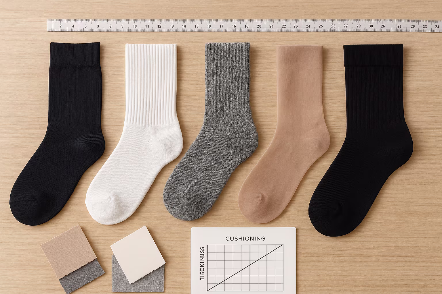Différents modèles de chaussettes et collants posés avec un mètre ruban et échantillons de tissu, illustrant le choix selon épaisseur et matériau