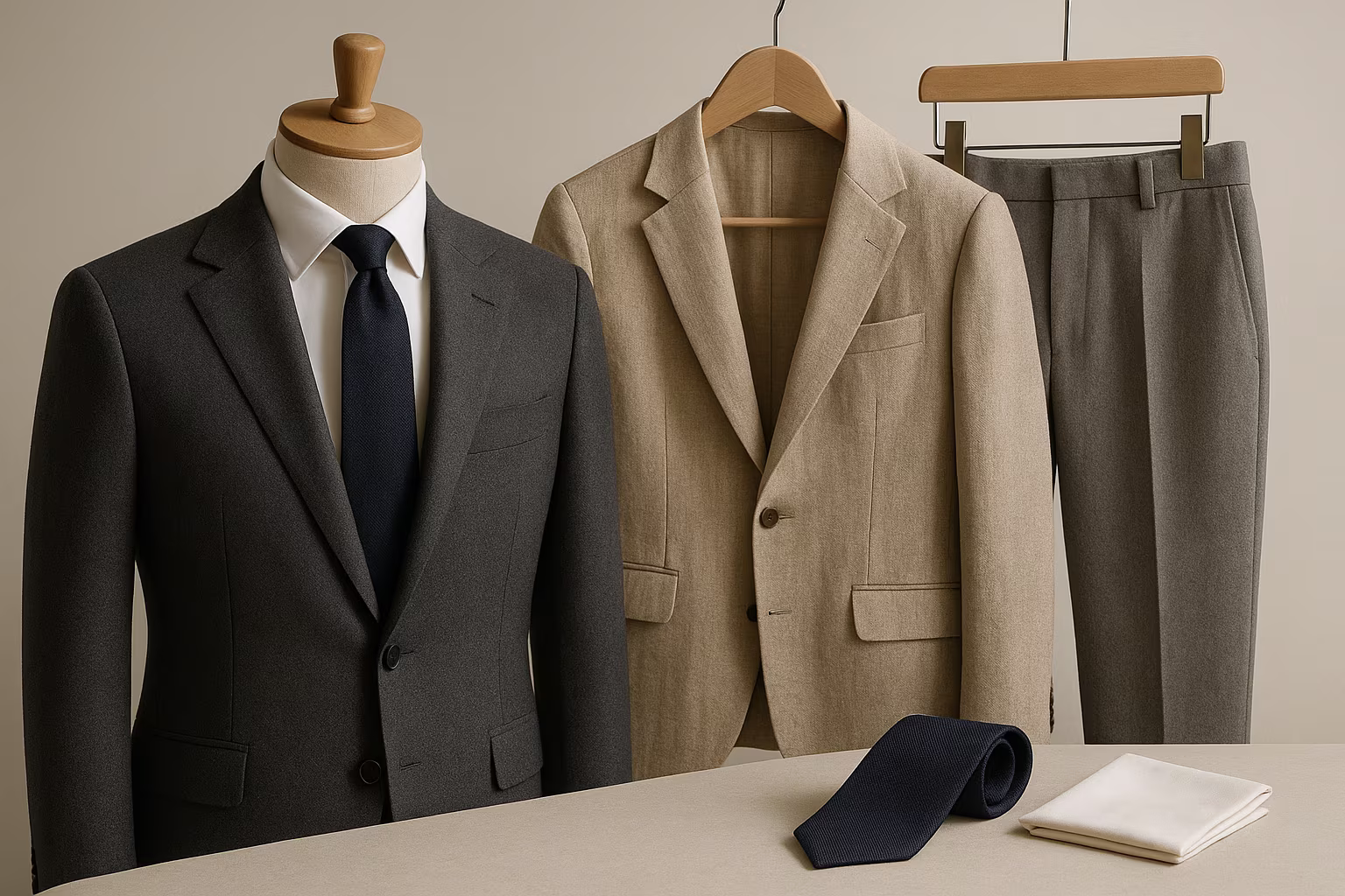 Collection de costumes et tenues habillées montrant matières et coupe, zoom sur épaule, tissu laine et lin, pli du pantalon