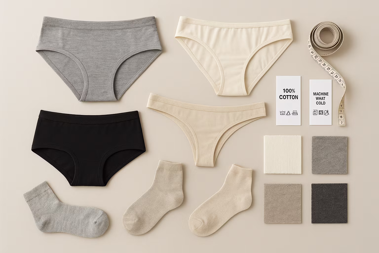Différents sous-vêtements et chaussettes posés à plat avec mètre et échantillons de tissu pour illustrer le choix selon taille et matériaux
