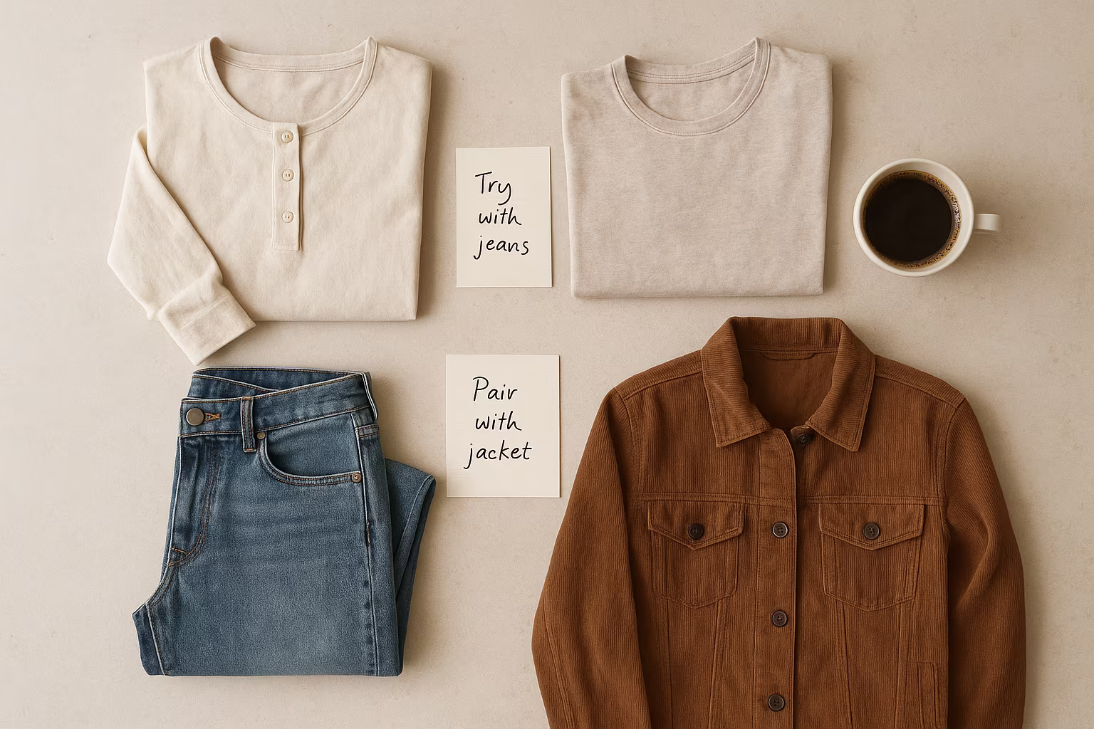 Flatlay éditorial de vêtements et notes explicatives