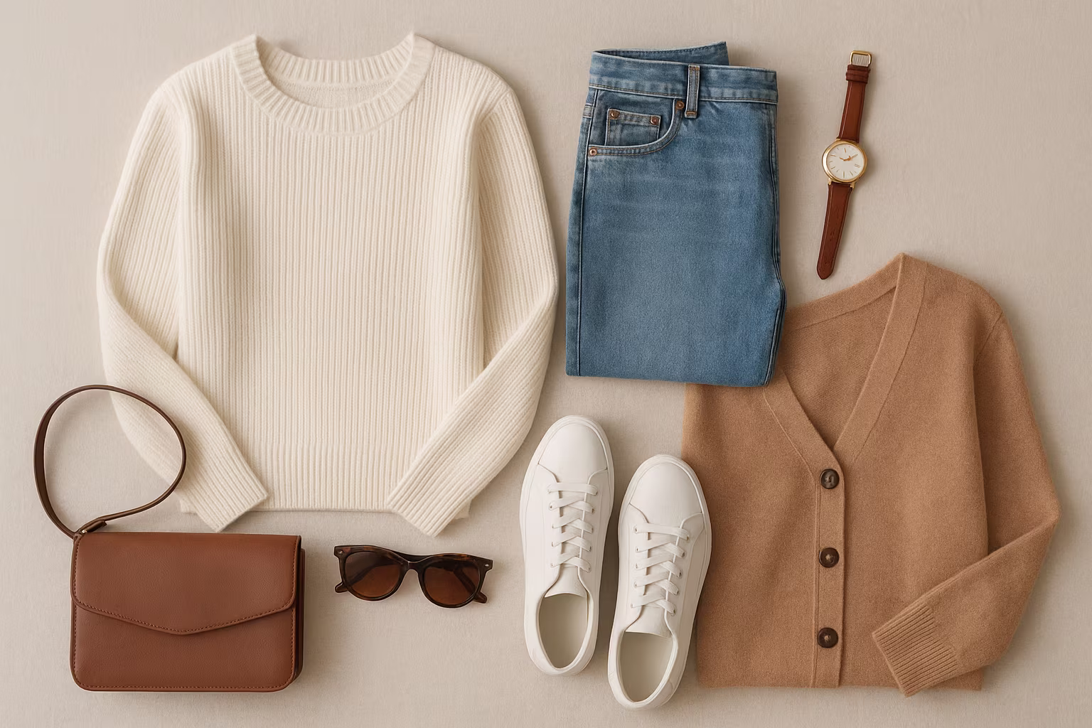 Composition éditoriale de vêtements et accessoires posés à plat sur fond neutre