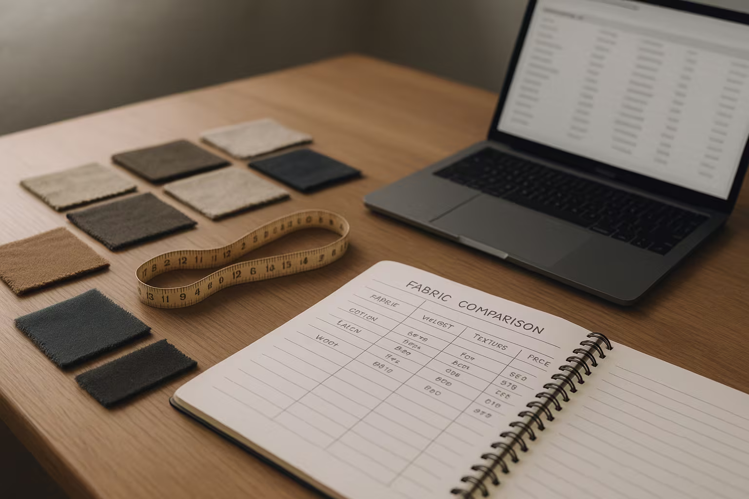 Espace de travail montrant échantillons de tissus et un carnet de comparaison pour illustrer l'analyse des tops