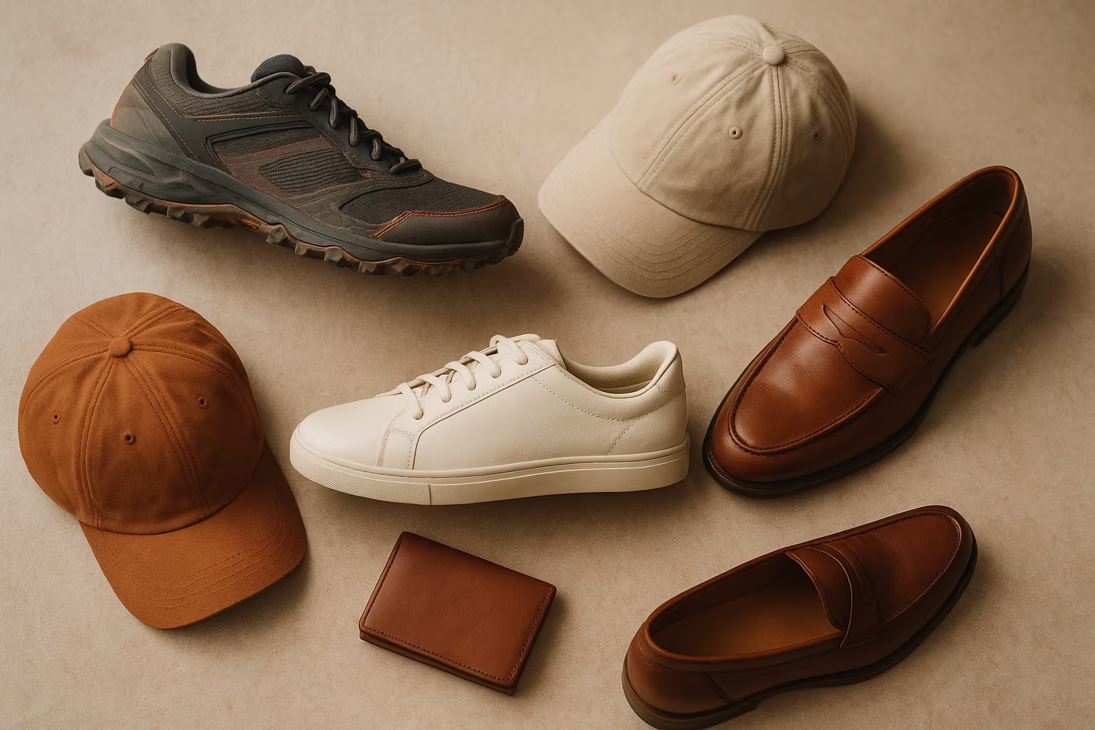 Plan rapproché: chaussures et accessoires disposés sur fond neutre, éclairage naturel