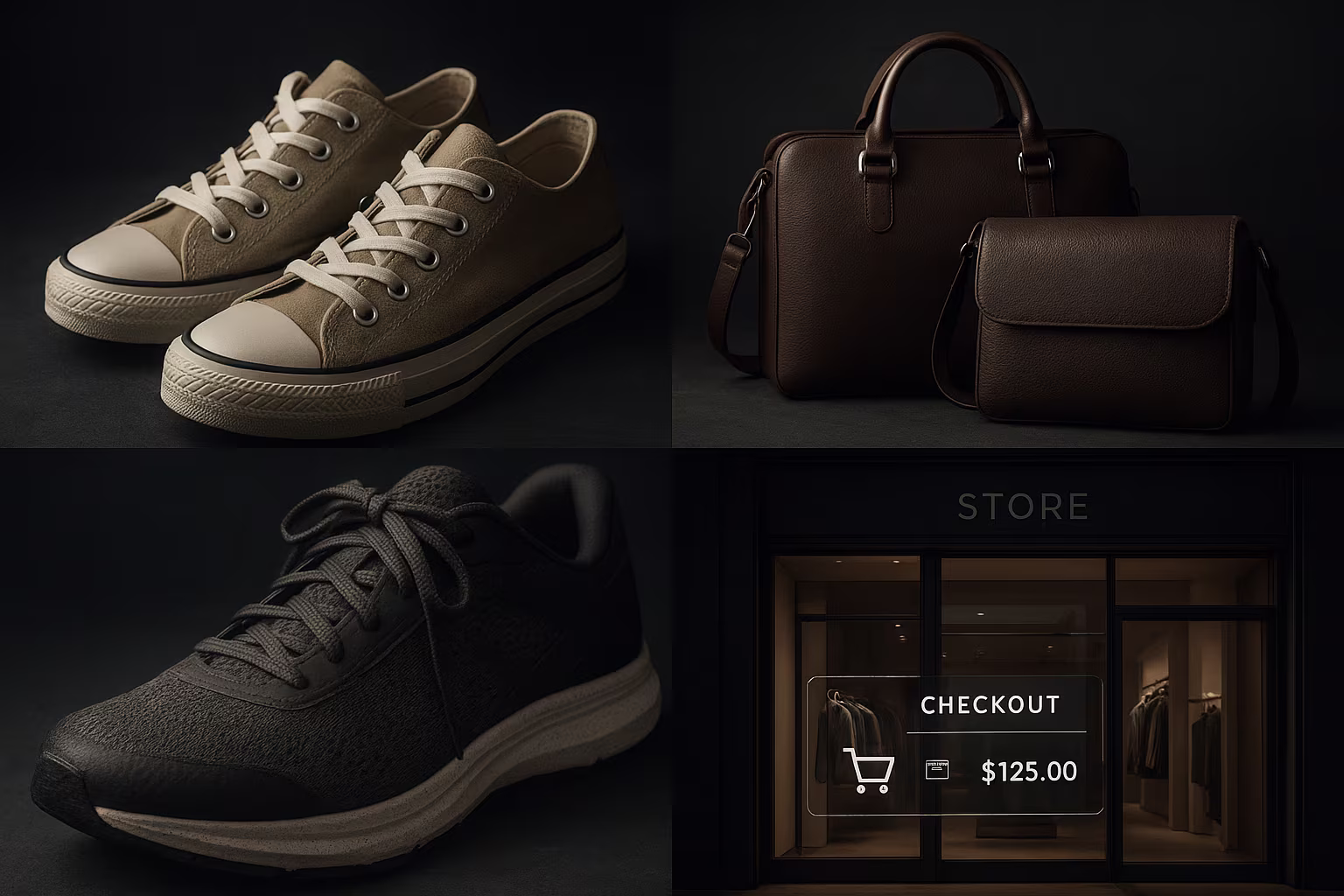 Bannière éditoriale montrant baskets, sacs en cuir et vitrine de boutique avec icône de paiement