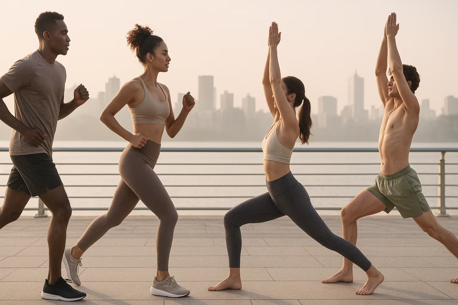 Photo éditoriale: coureurs et pratiquants de yoga au bord de l'eau portant vêtements de sport et maillots