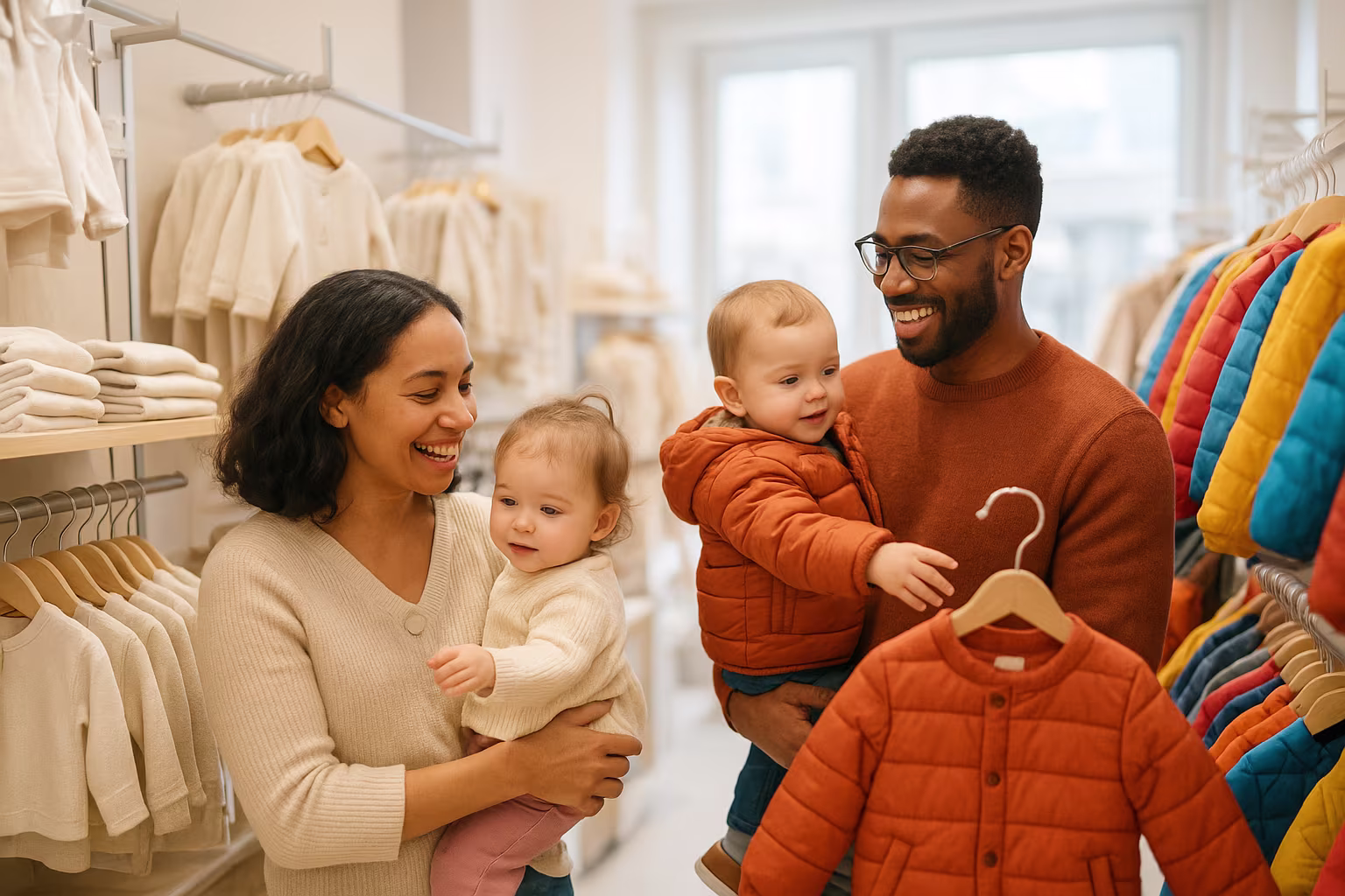 Famille regardant des vêtements bébé et tout‑petit dans une boutique lumineuse