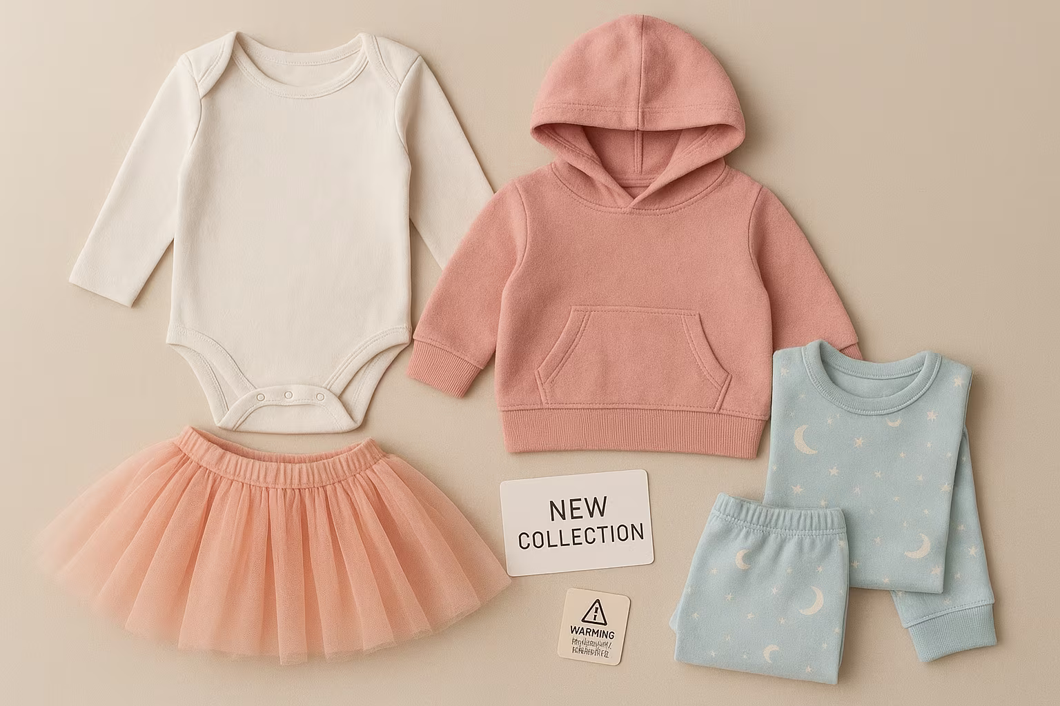 Vue en plongée de vêtements d'enfant mélangés (body, sweat, pyjama) avec une étiquette d'alerte et une carte 'nouvelle collection'.
