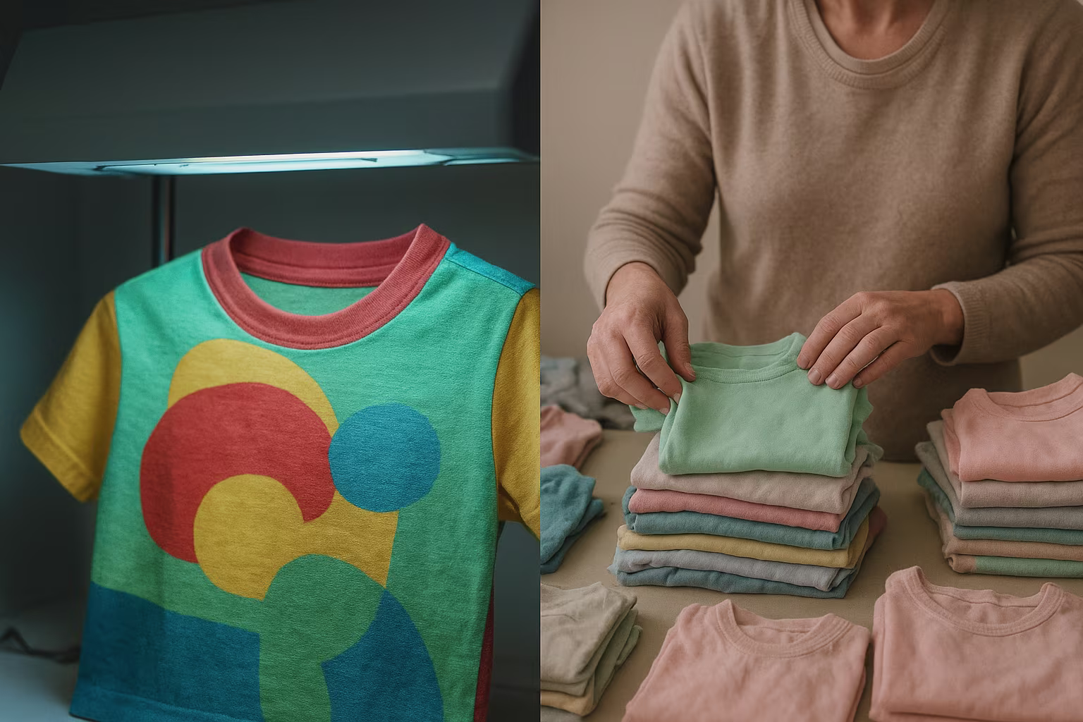Gros plan sur un T‑shirt enfant coloré en laboratoire et parent triant des vêtements d’occasion