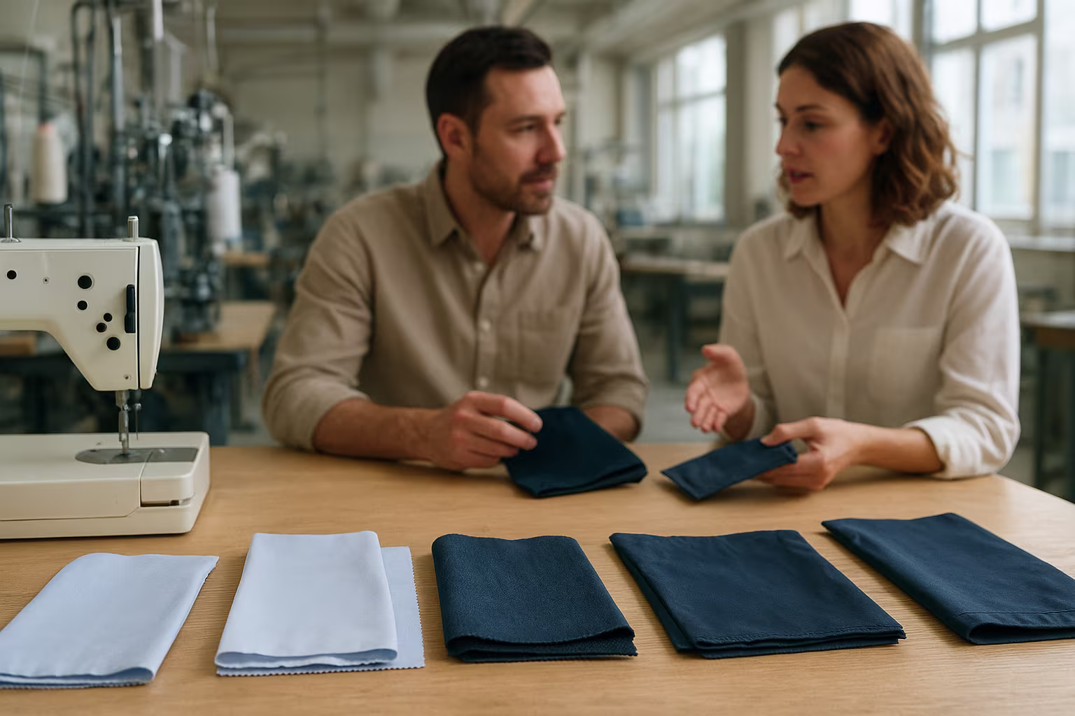 Atelier textile: machines, échantillons de tissus pour hauts, denim et nylon, designer et ingénieur en discussion