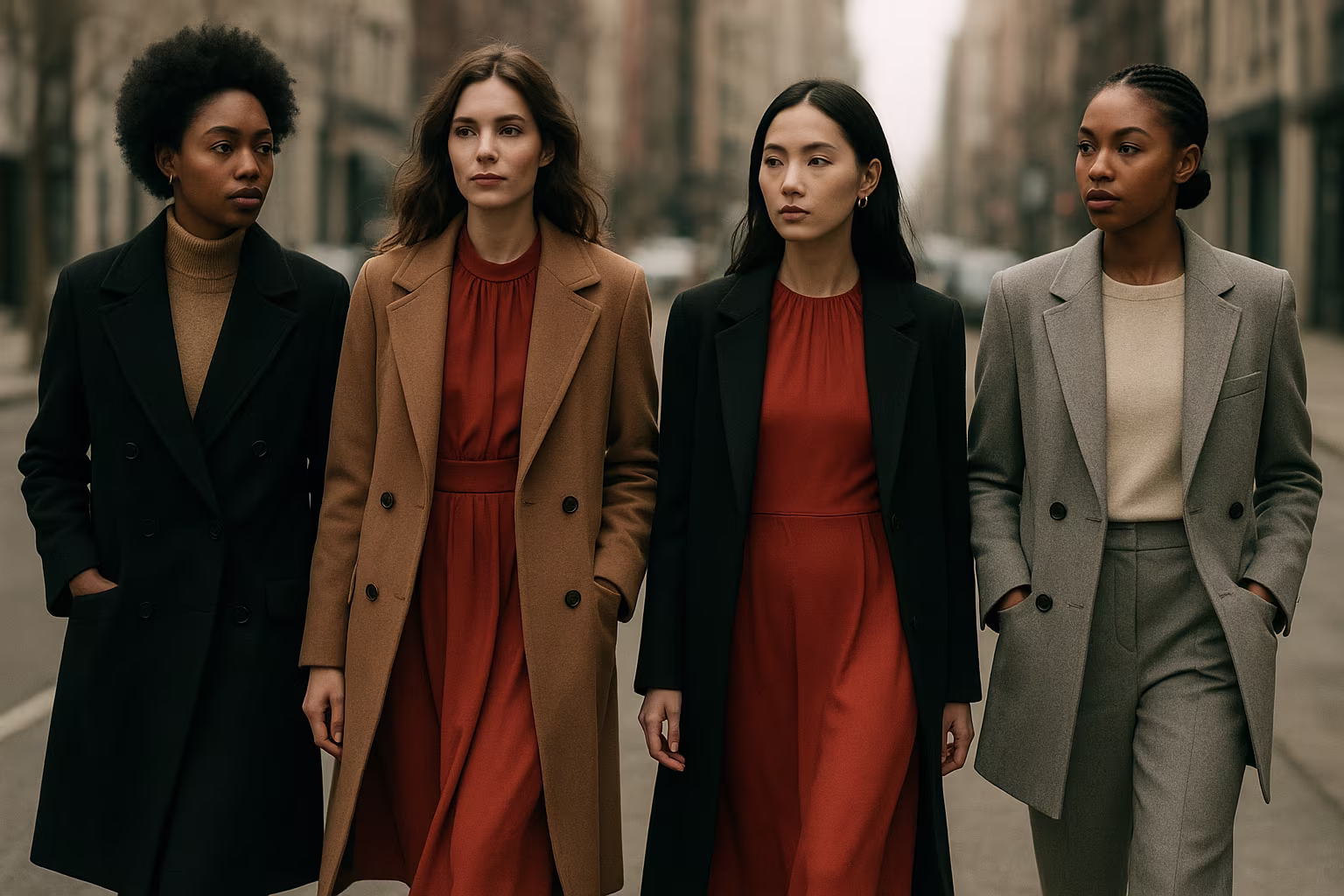 Femmes en manteaux et tenues structurées dans une rue urbaine par temps froid