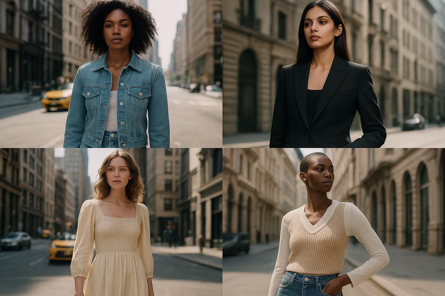 Montage mode : femmes portant jean, tailleur et robes, ambiance fashion week (New York, Milan).