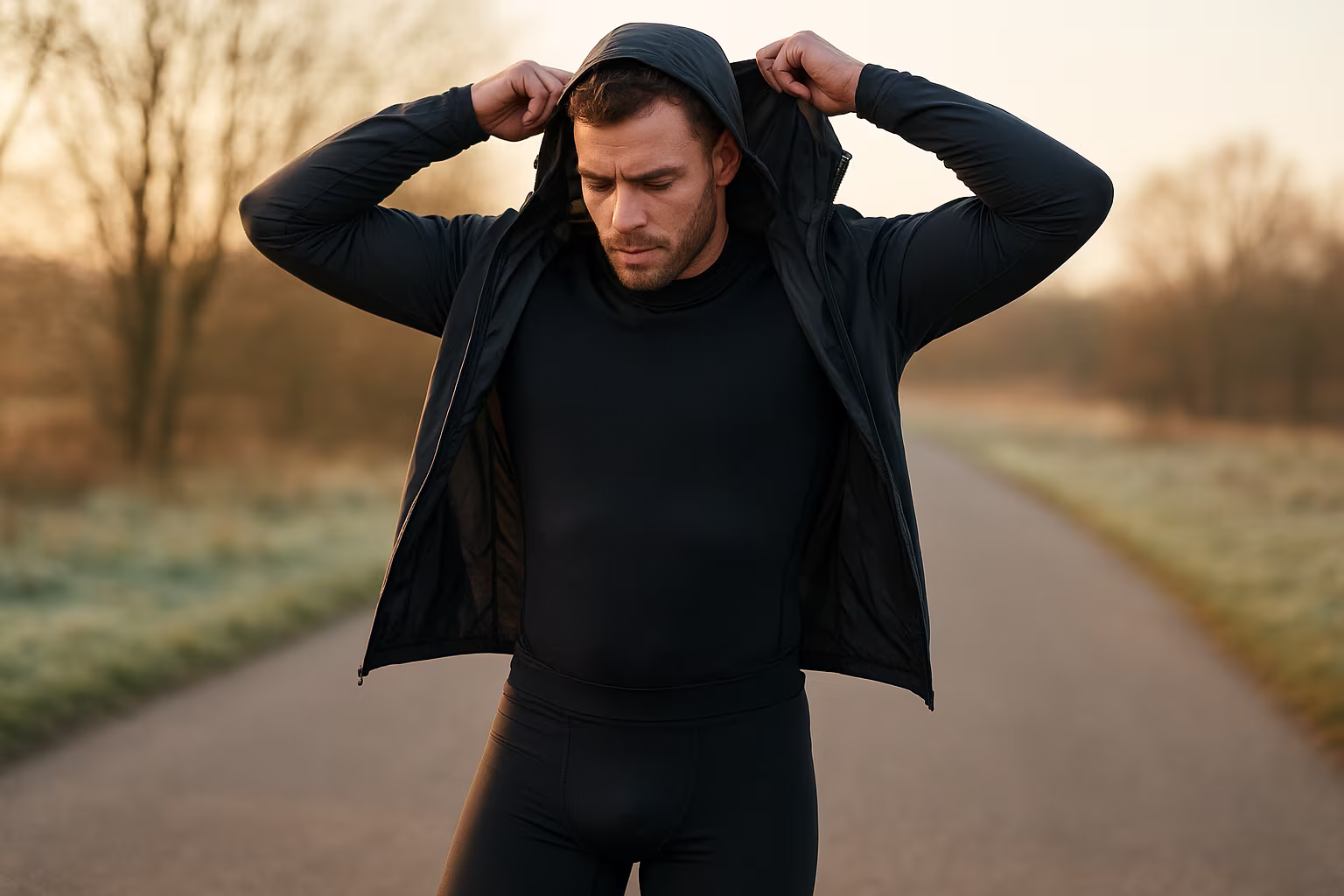 Sportif s'habillant de couches de base et compression avant une sortie, lumière matinale