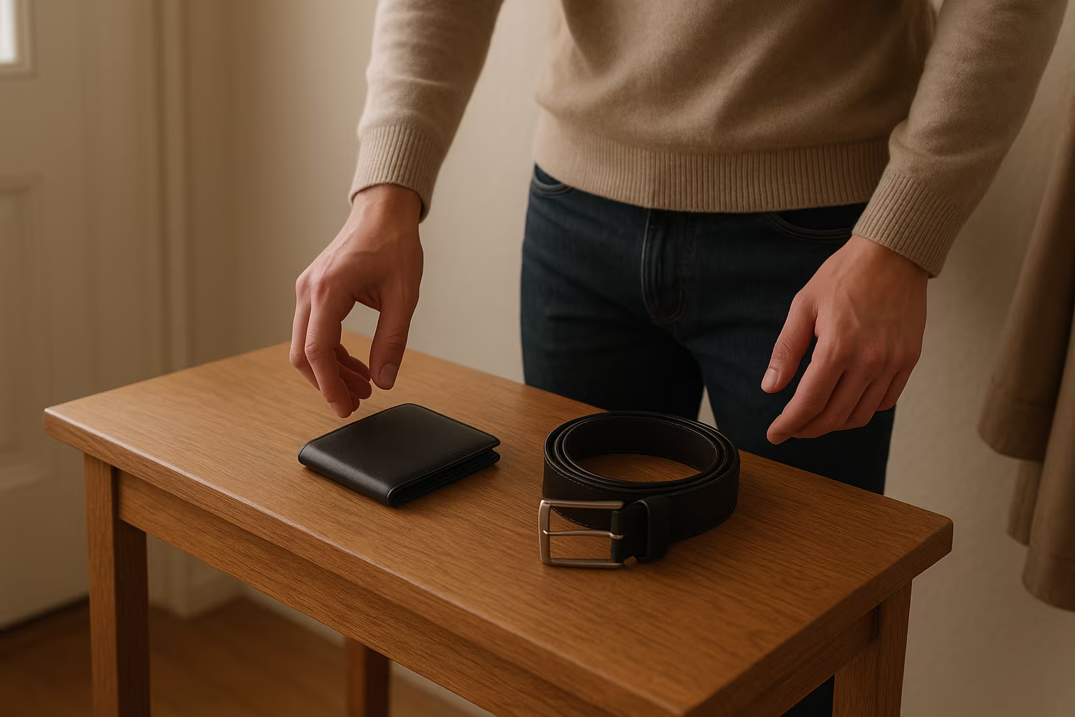 Personne posant une ceinture et un portefeuille sur une table d'entrée en bois, lumière naturelle