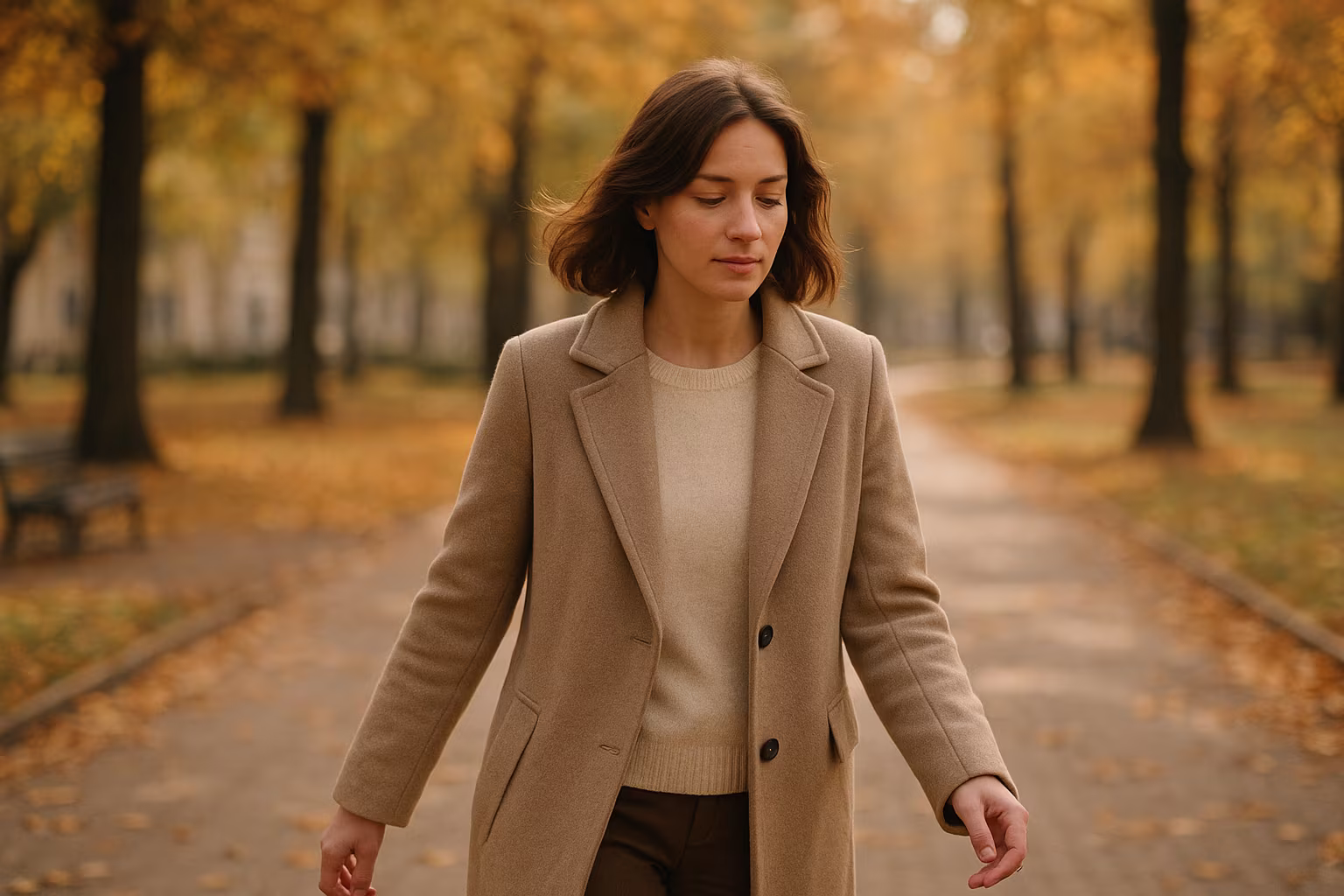 Femme en manteau marchant dans un parc urbain en automne - illustration des catégories manteaux et vestes