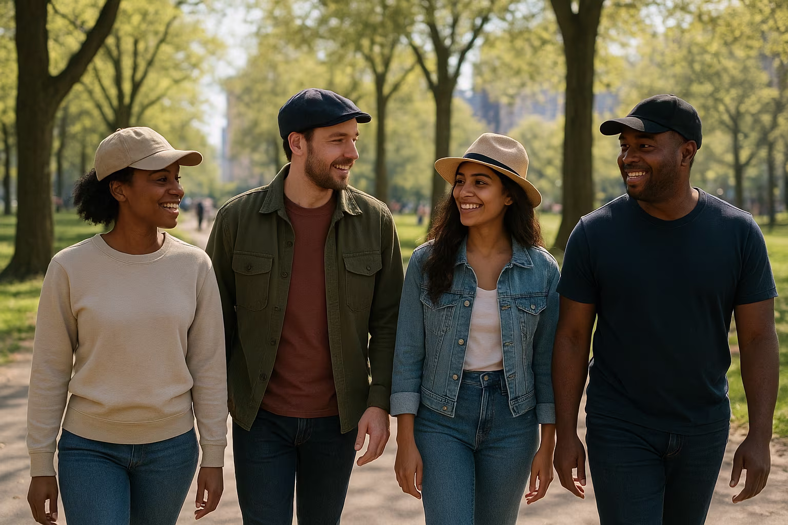 Personnes en extérieur portant chapeaux et casquettes lors d'une promenade en ville