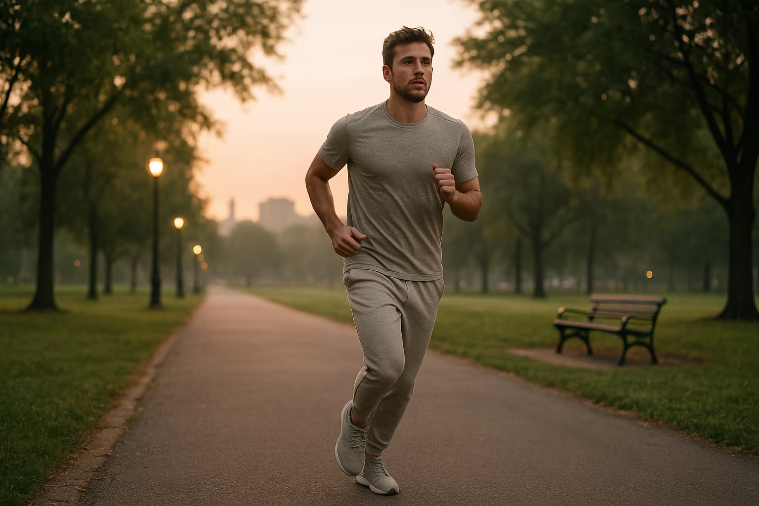 Homme courant dans un parc urbain au lever du jour en tenue de sport neutre