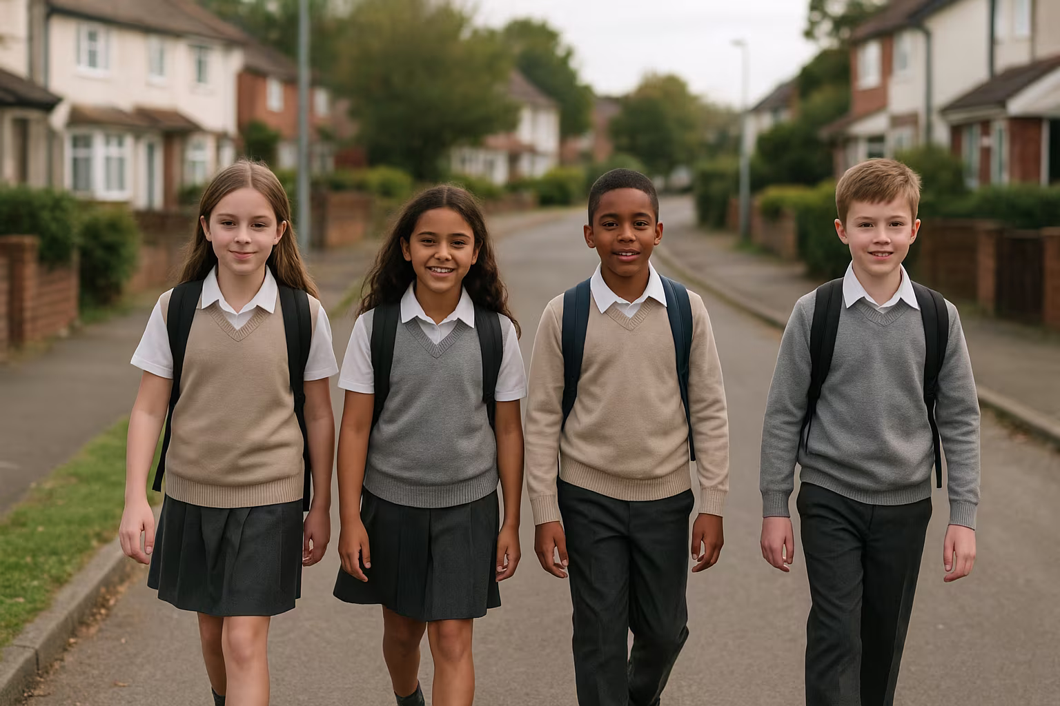 Enfants en uniforme scolaire marchant vers l'école, photo éditoriale
