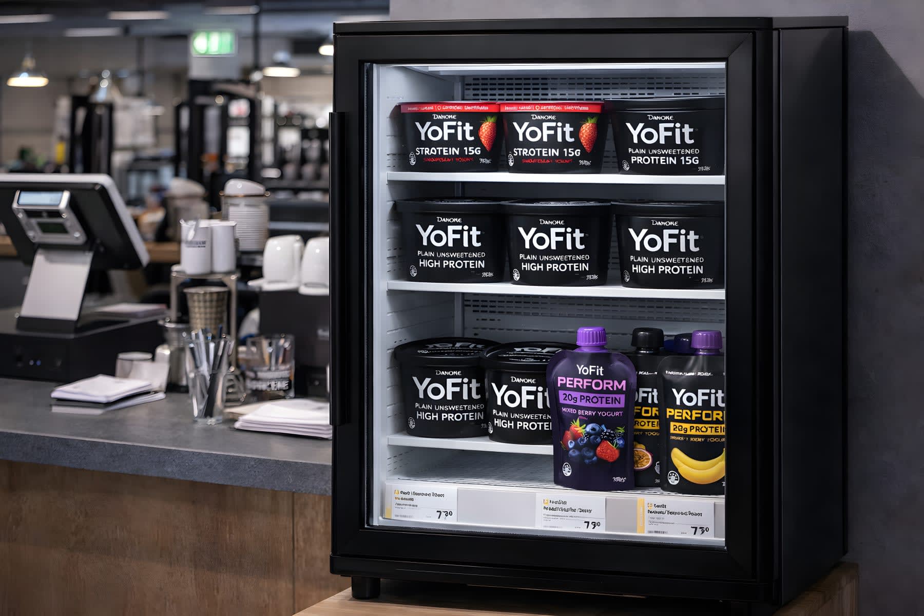 YoFit products displayed in a gym café fridge