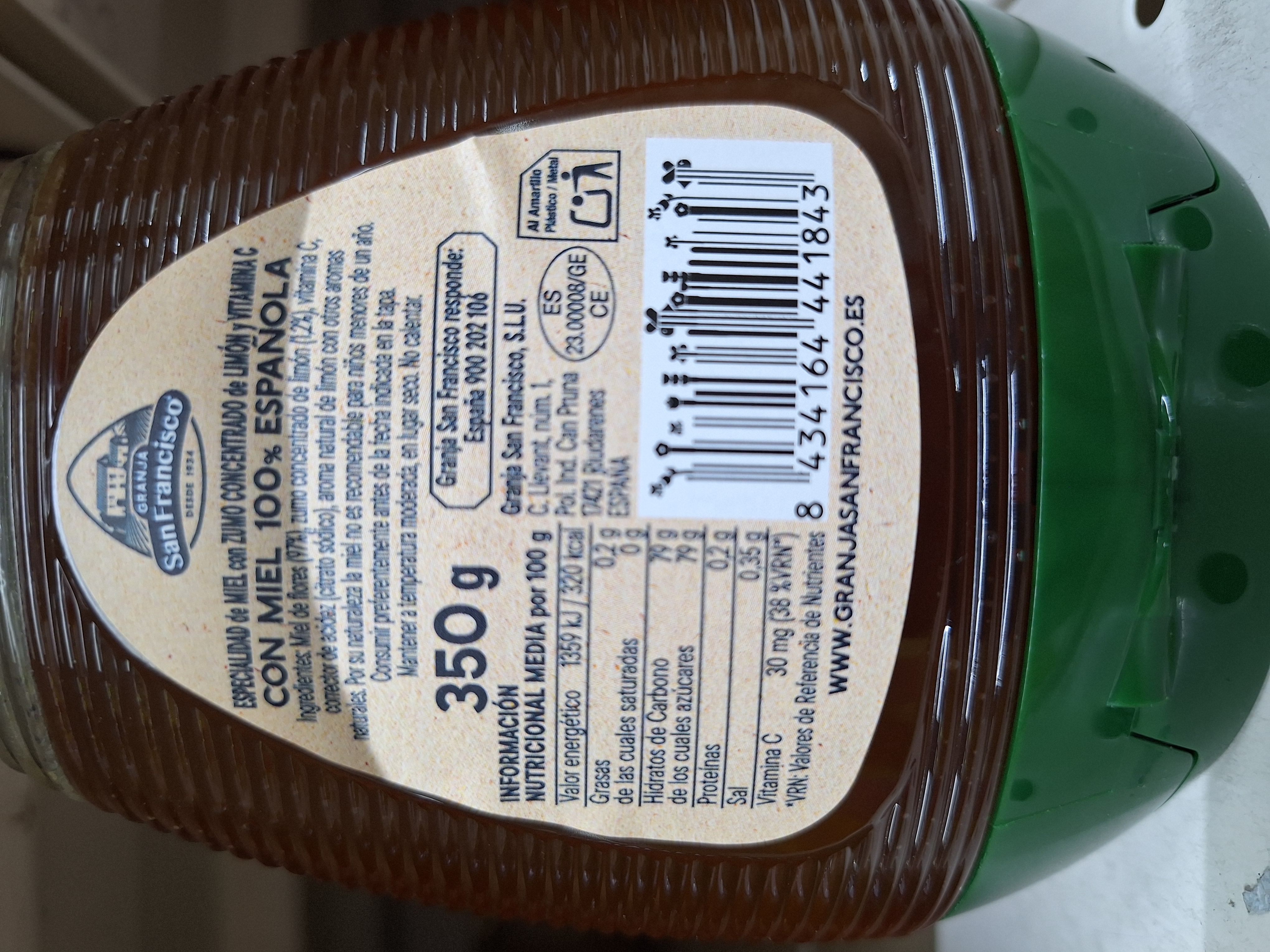 Etiqueta nutricional de la miel con limón