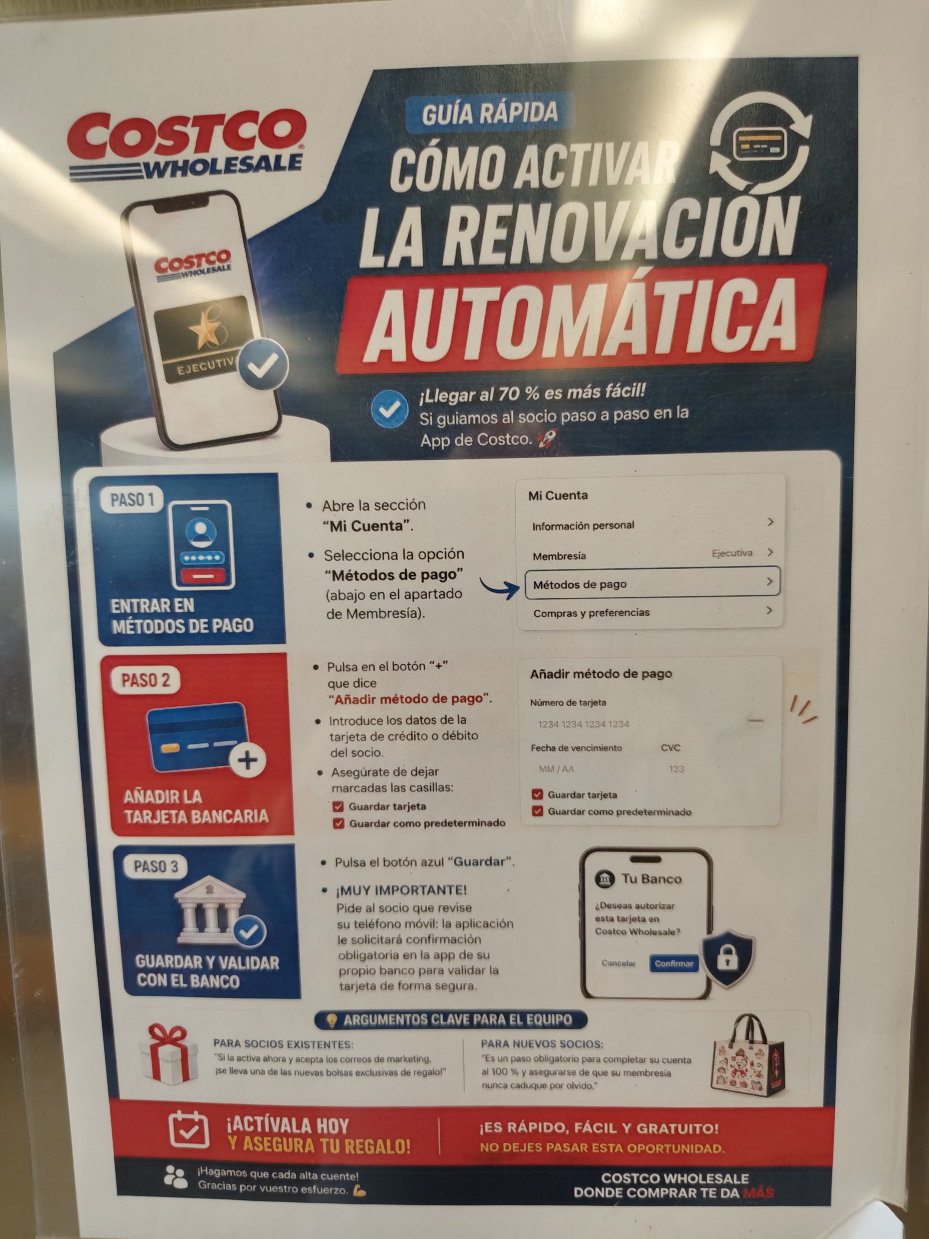 Cartel promocional de Costco sobre la bolsa reutilizable por renovación automática