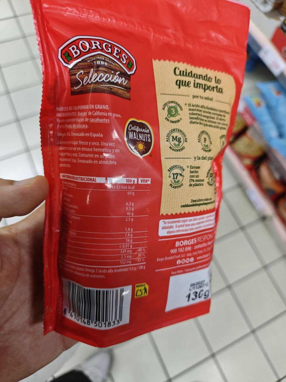 Reverso de la bolsa Borges Selección con información nutricional y origen del producto