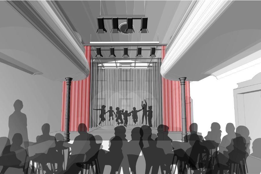 historischer Tanzsaal mit mobiler Bühnenausstattung