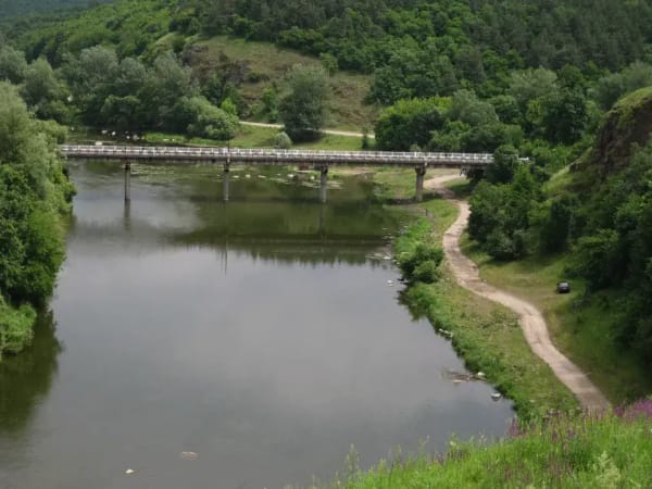 Вид зверху на міст через річку Південний Буг, оточений зеленими пагорбами та лісами, з ґрунтовою дорогою вздовж берега.