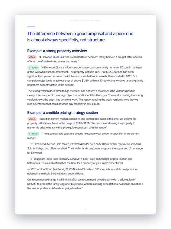 Side-by-side worked examples comparing a weak proposal page with a strong one