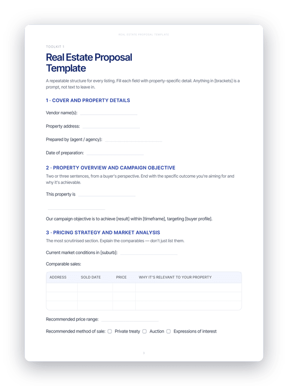 Fill-in toolkit pages: proposal template, meeting run-sheet and pre-listing checklist