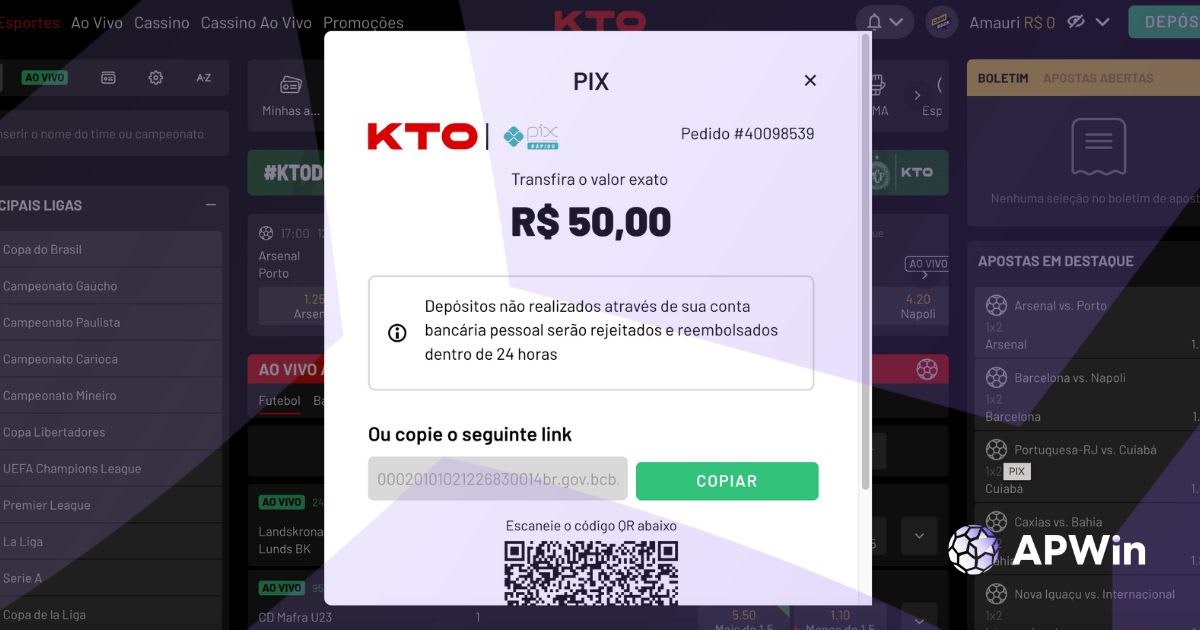 Exemplo de como depositar por pix na KTO