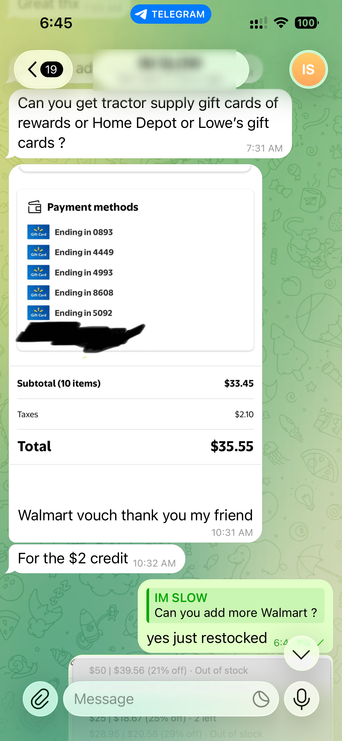 Walmart gift cards loaded, $35.55 checkout