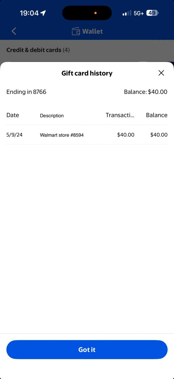 Walmart $40 balance confirmed