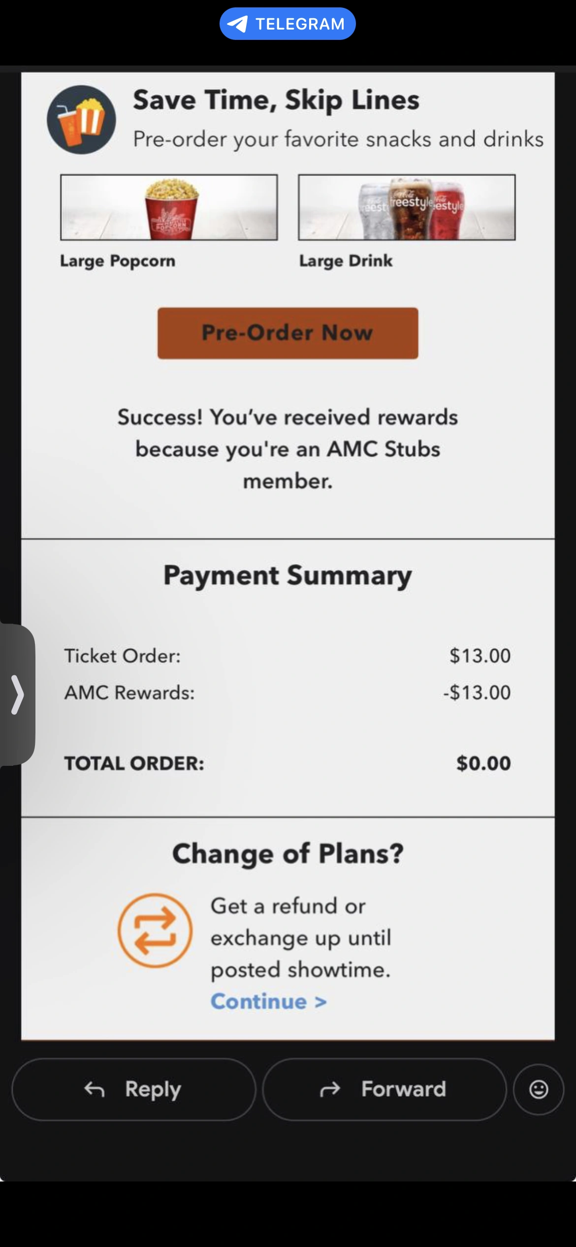 AMC ticket paid with Stubs rewards