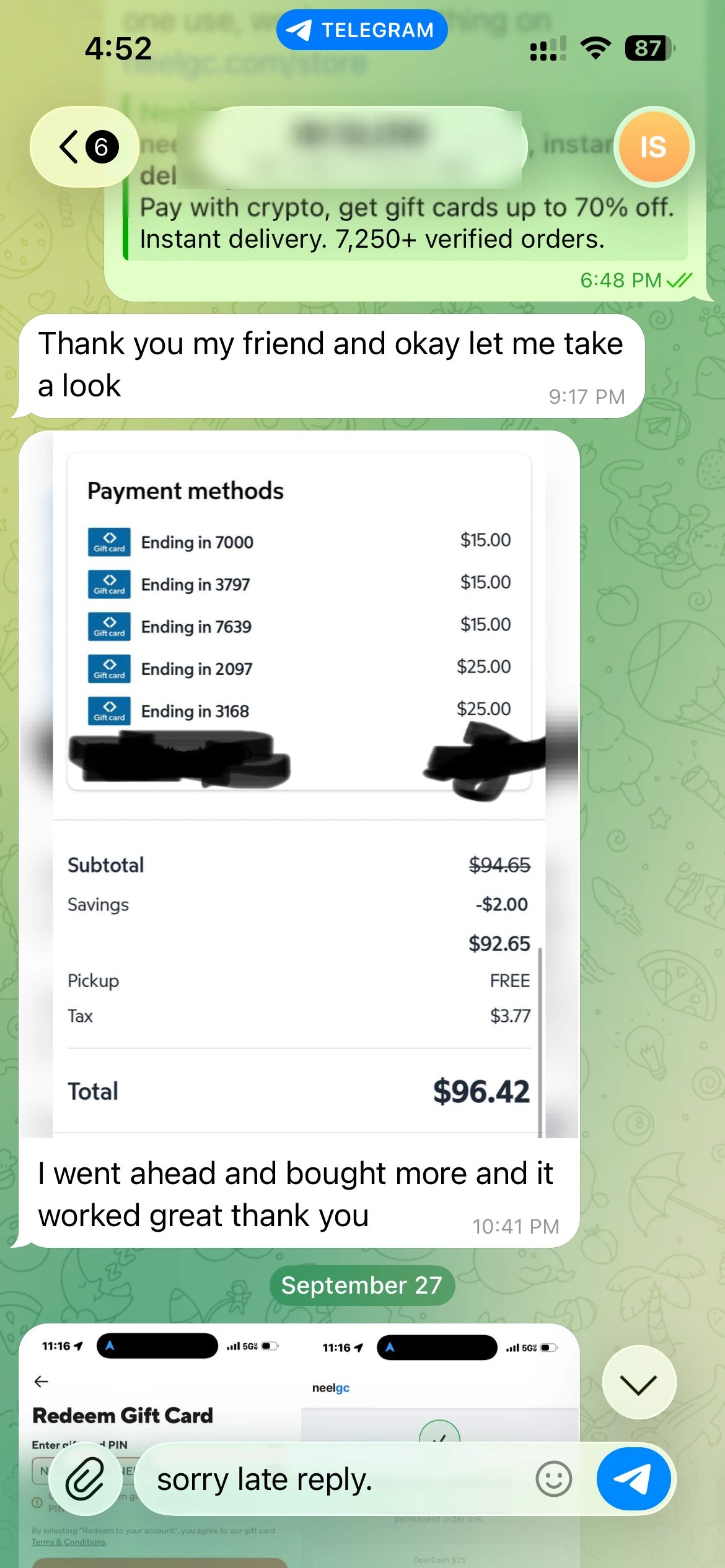 Five Walmart gift cards applied at checkout, $96.42 order