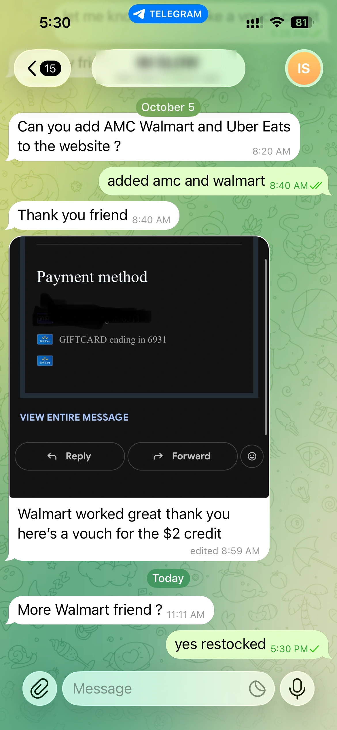 Walmart gift card applied at checkout, repeat buyer