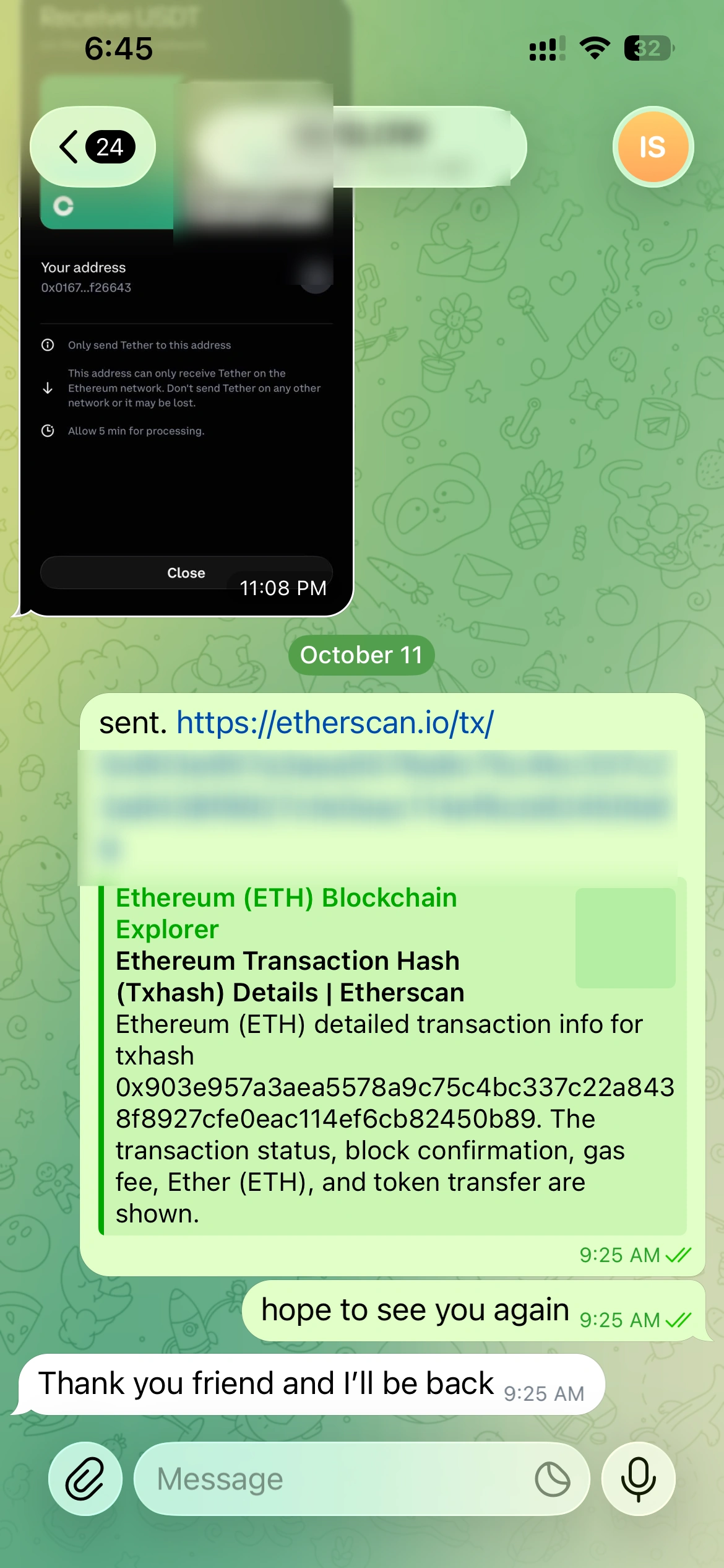 Refund sent in USDT with Etherscan transaction link, repeat buyer