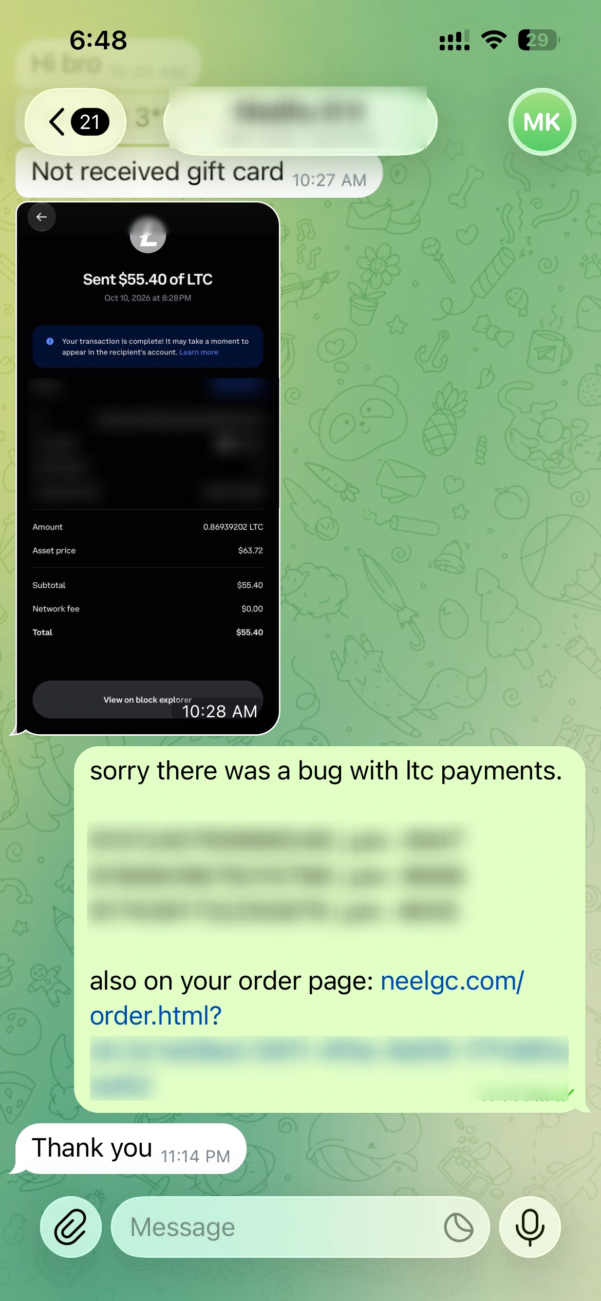 Walmart gift cards paid in LTC, delivery confirmed after a payment hold