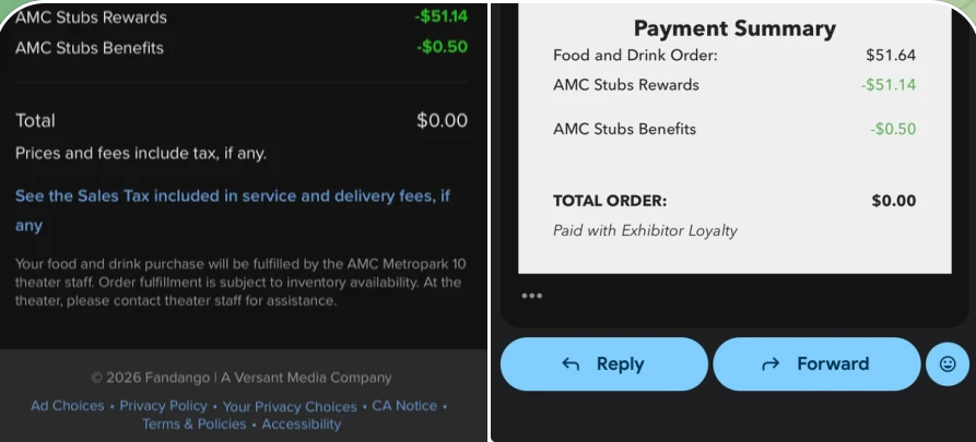 AMC Stubs reward applied to a $51.64 food and drink order at AMC, total $0.00