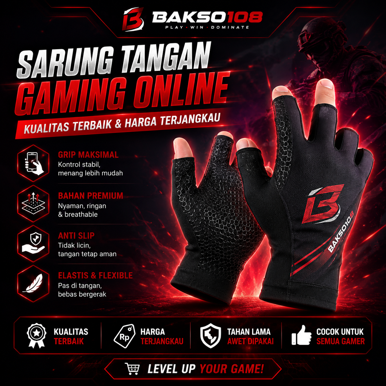 Bakso108 hadir sebagai solusi bagi para gamer yang mengutamakan kenyamanan dan kontrol maksimal saat bermain. Dirancang menggunakan bahan ringan, elastis, dan breathable.