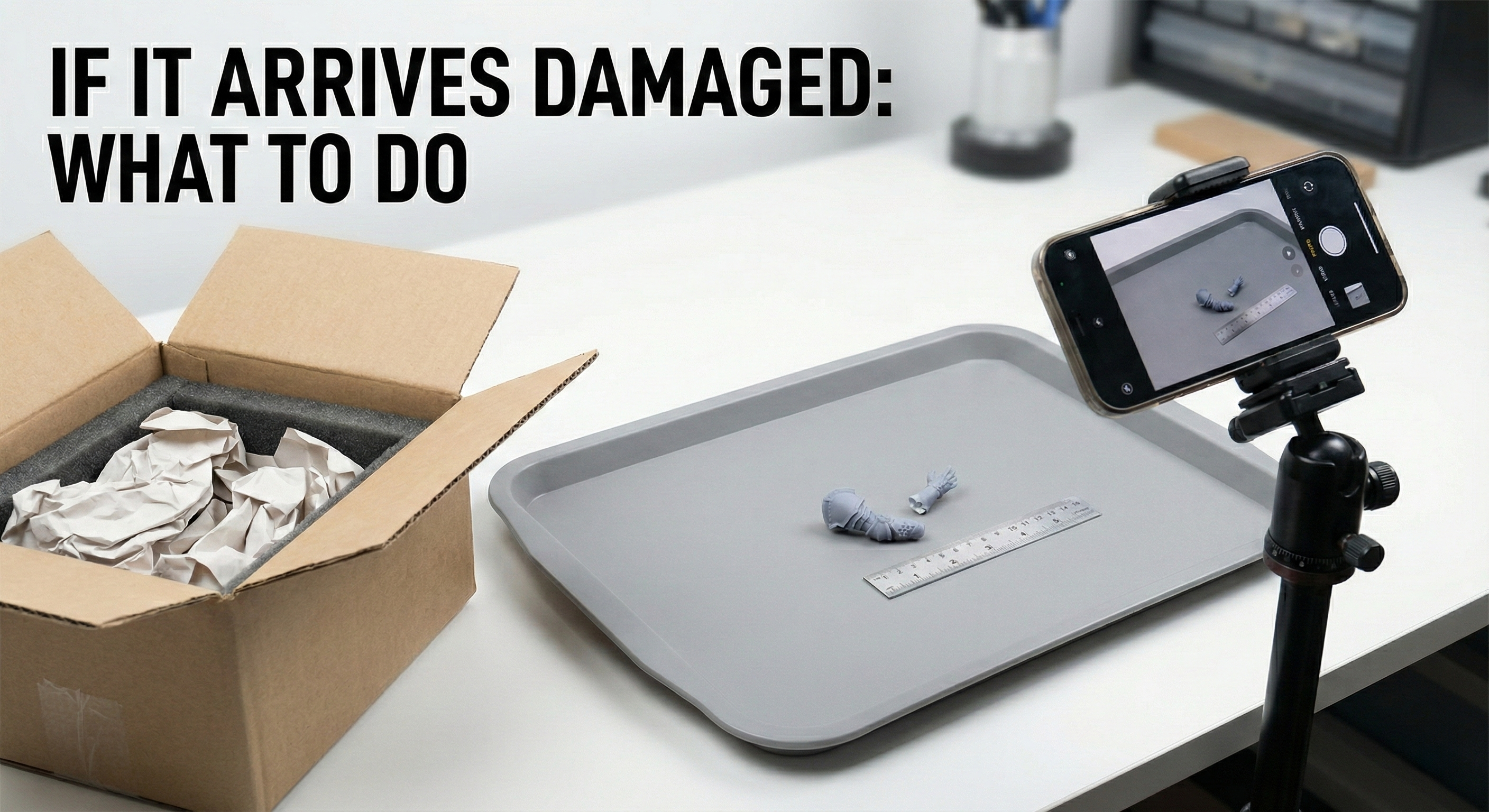 Opened shipping box with protective packaging and a small part staged for documentation