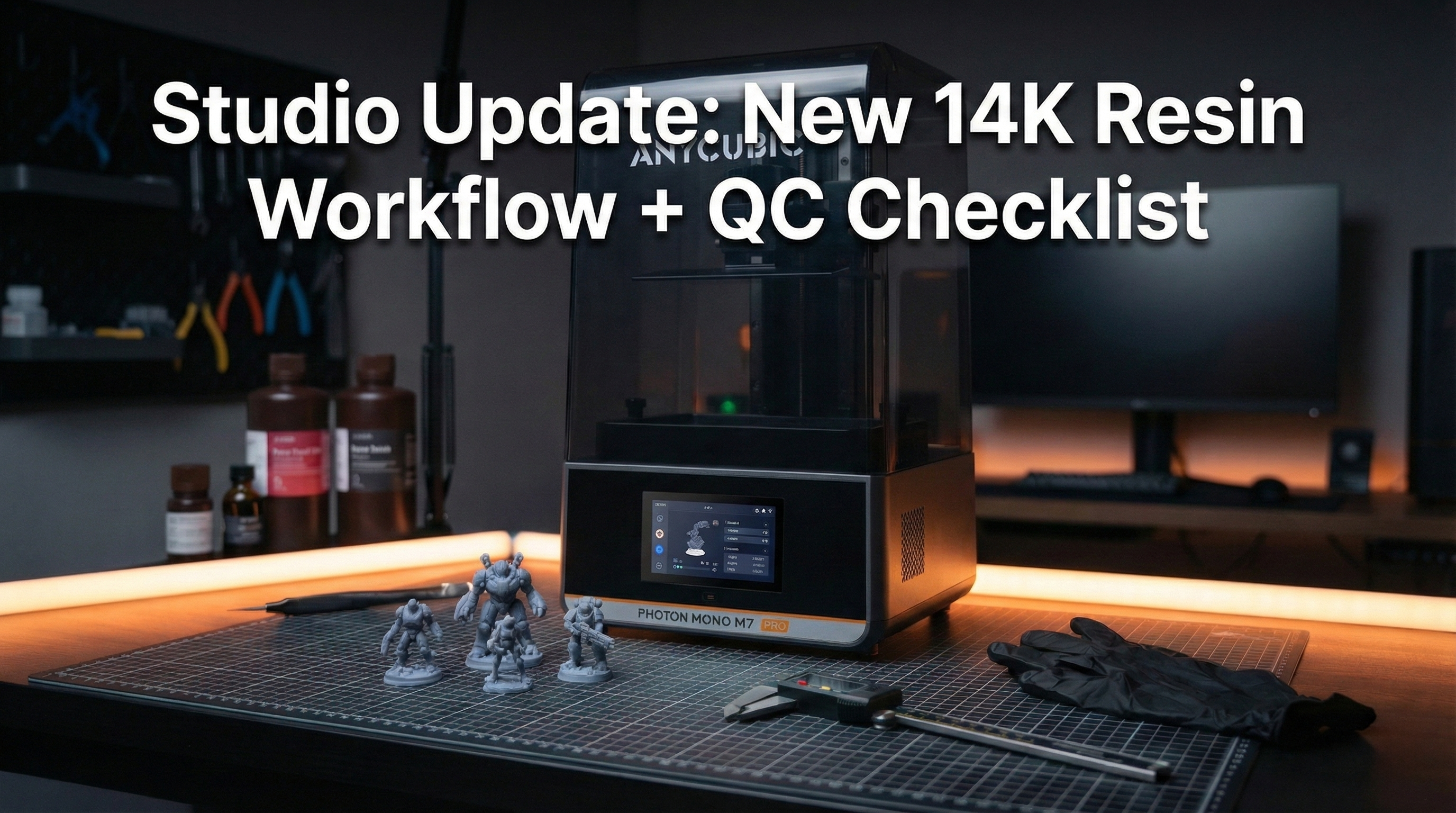 3D printer resin vat and printed parts on a workbench