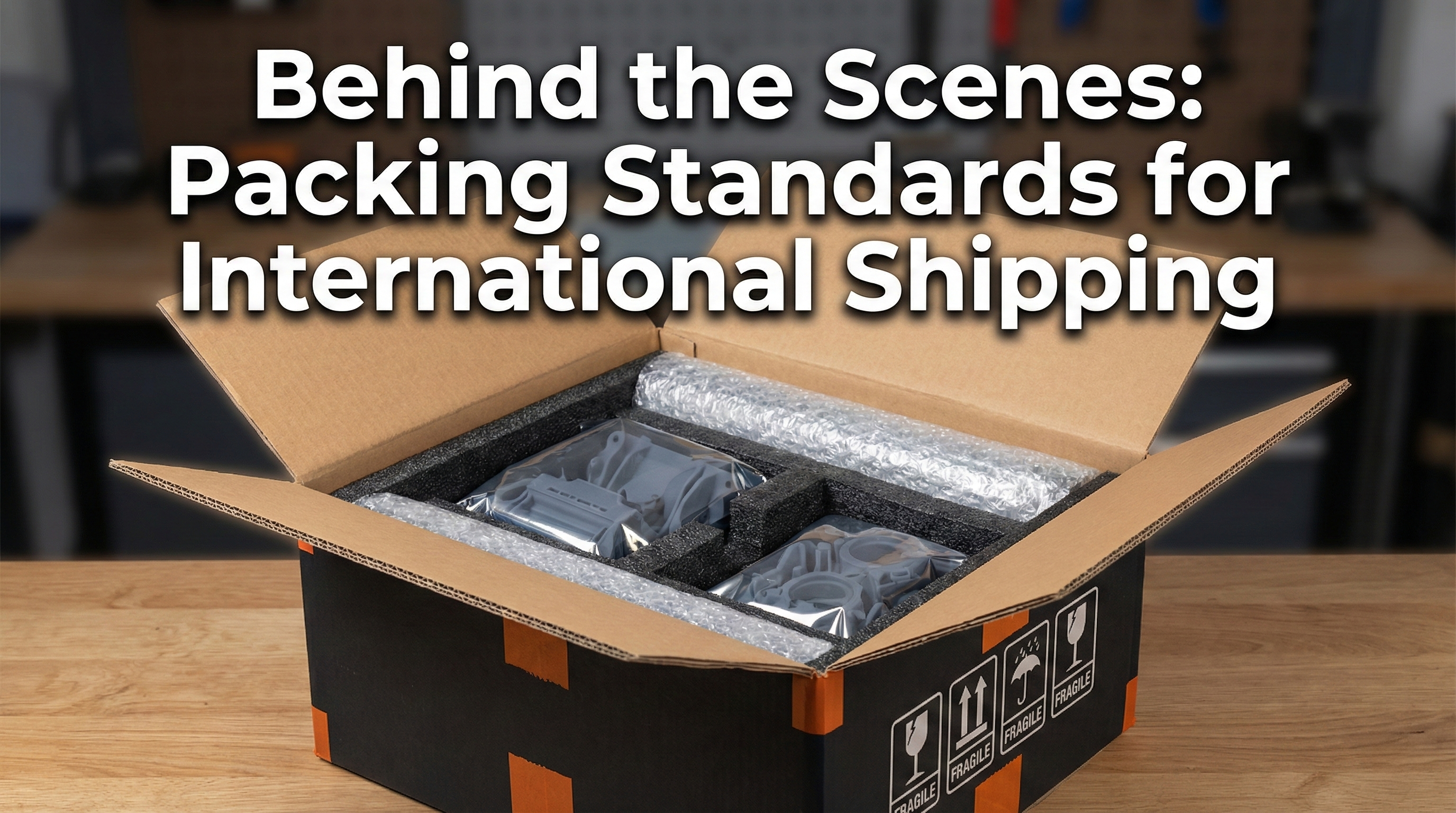 Open shipping box with custom foam cutouts and resin parts wrapped inside