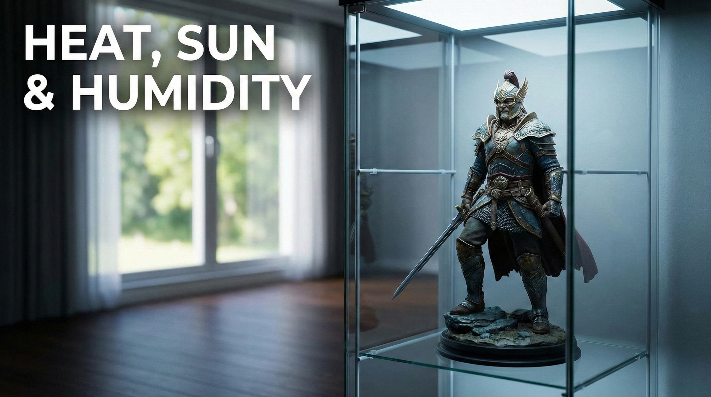 Collector shelf in soft indirect light with UV-safe LED glow